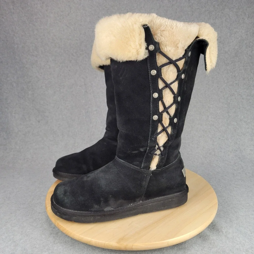 Ugg Upside 5163 Tall Lace Up Boot Women 9 Black Suede Shearling Lining